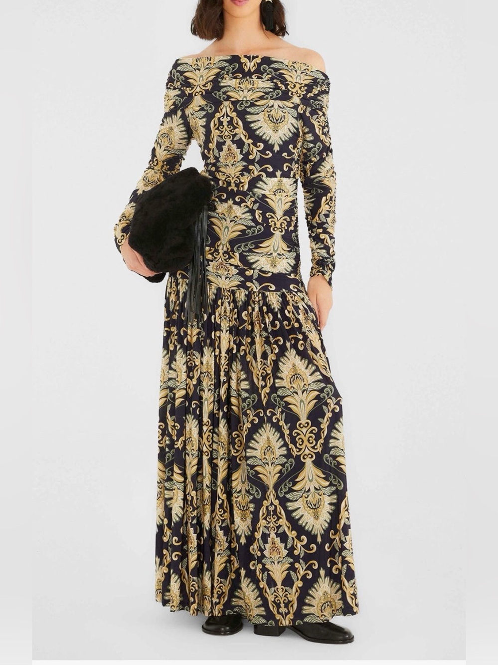 FARM Rio Black and Gold Baroque Off-Shoulder Maxi Dress